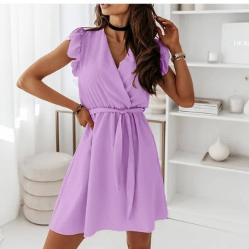 Chiffon Ruffles Sleeve Floral Print Mini Dress 2021 Summer Casual Deep V Neck Pink Pleated Office